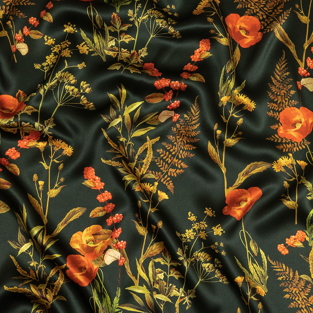 Mood Exclusive Italian Kombu Green, Red and Golden Yellow Botanical Silk Charmeuse - Joann Fabrics