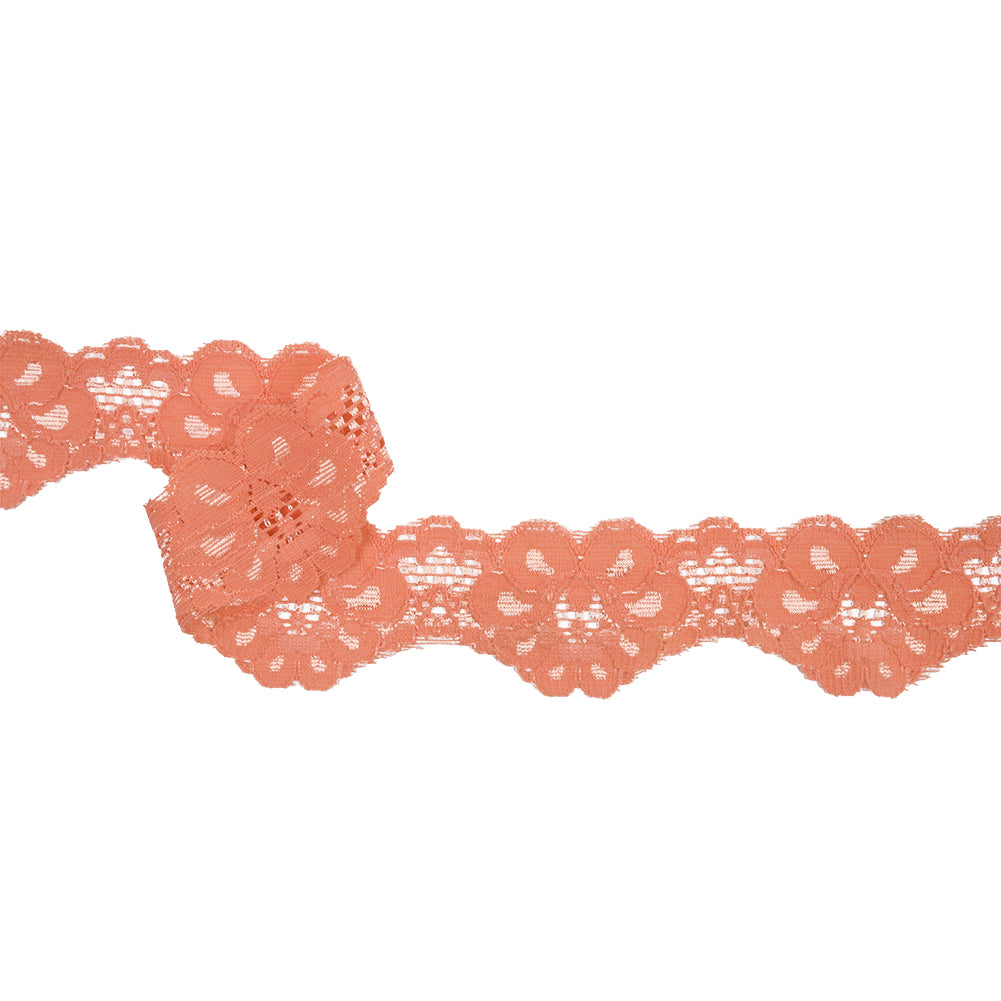 Famous NYC Designer Tangerine Floral Scallops Stretch Re-Embroidered Lace Trim - 1.625