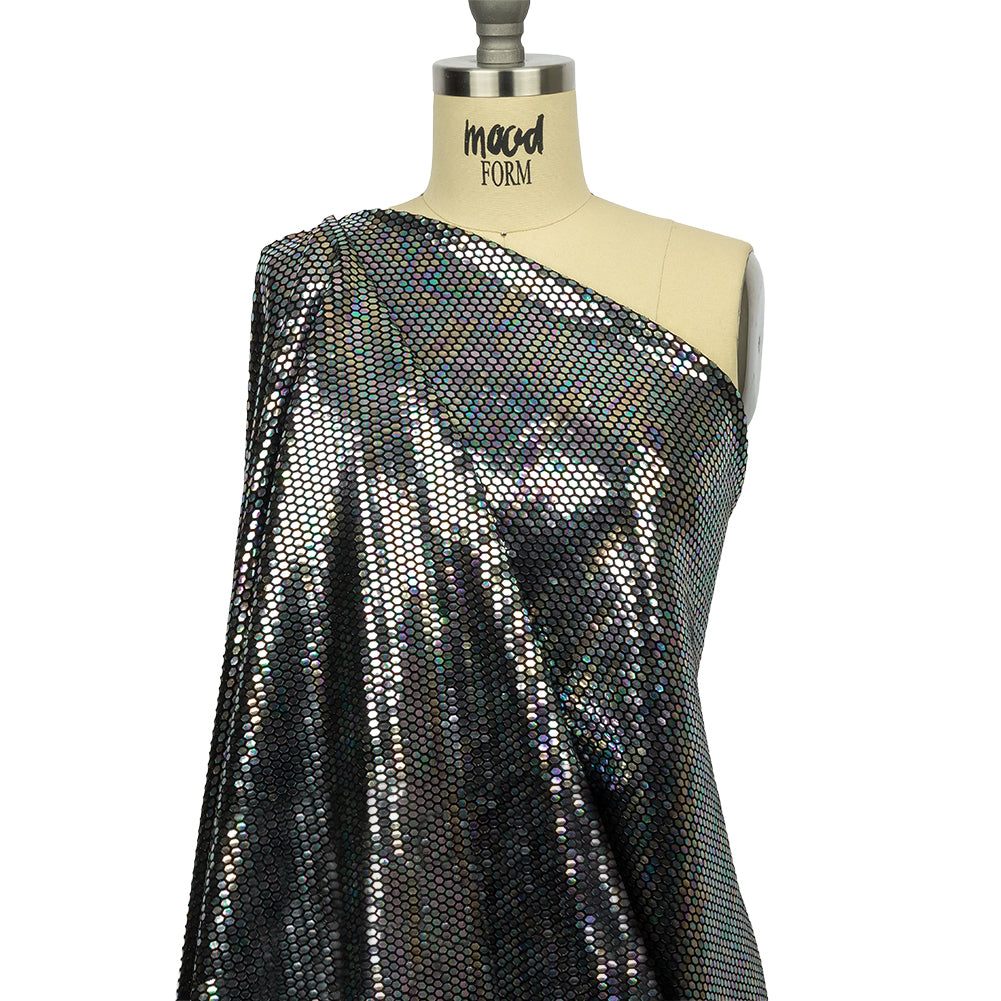 Black and Silver Oil Slick Hexagons Foiled Stretch Nylon Knit - Joann Fabrics