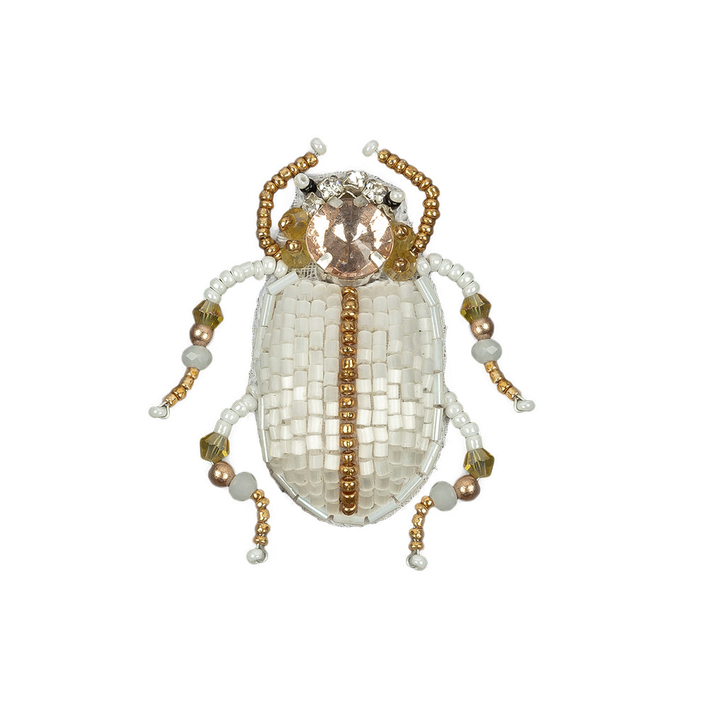 Metallic Gold and Satin White Beetle Rhinestone and Glass Beaded Applique - 2.25
