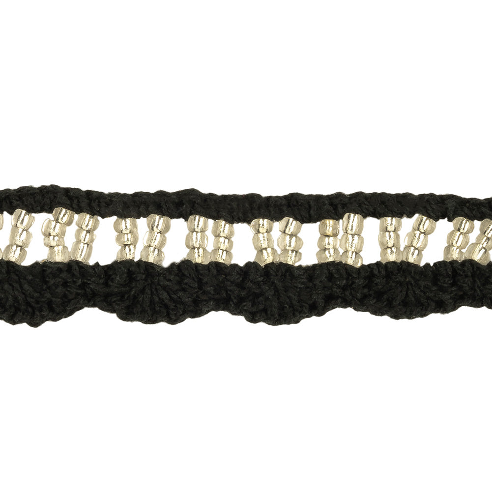 Black and Silver-Lined Beaded Cotton Crochet Lace - 0.75