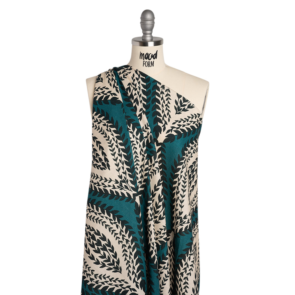 Linen and Rayon Woven - Teal, Navy and Cream Leafy Ogees - Mood Exclusive Lazy River Print - Joann Fabrics