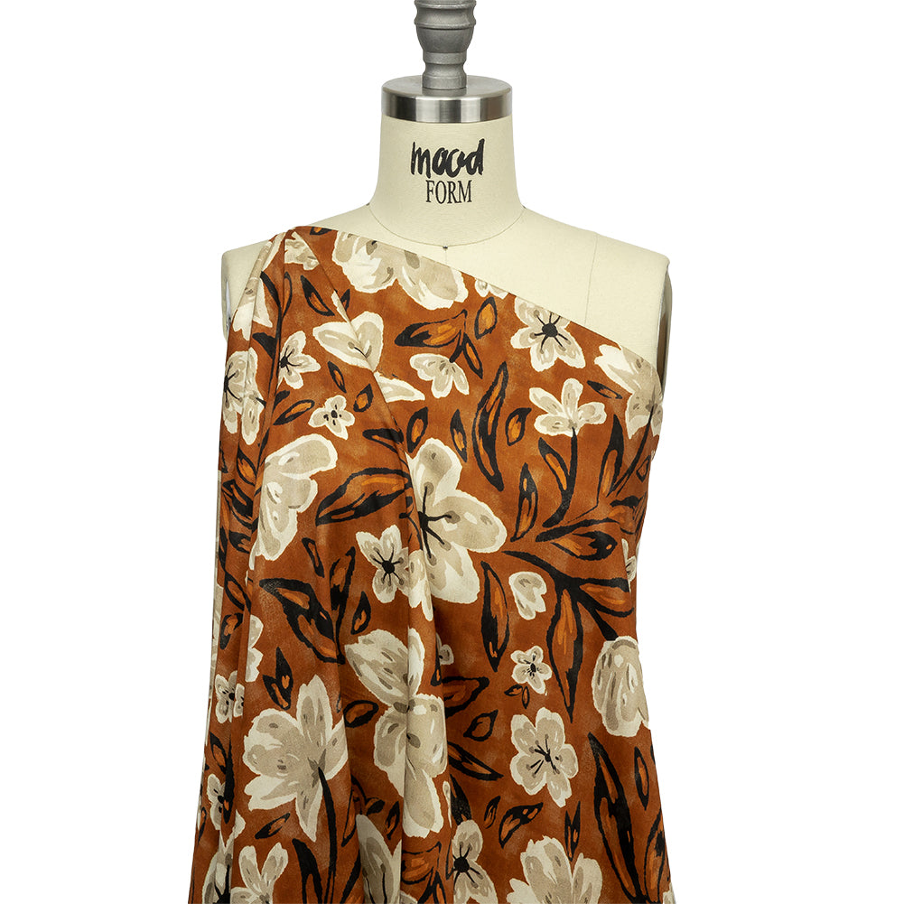 Rayon Challis - Burnt Orange Painterly Floral - Orange Wildflower Walk Print - Mood Exclusive Rockland Collection - Joann Fabrics