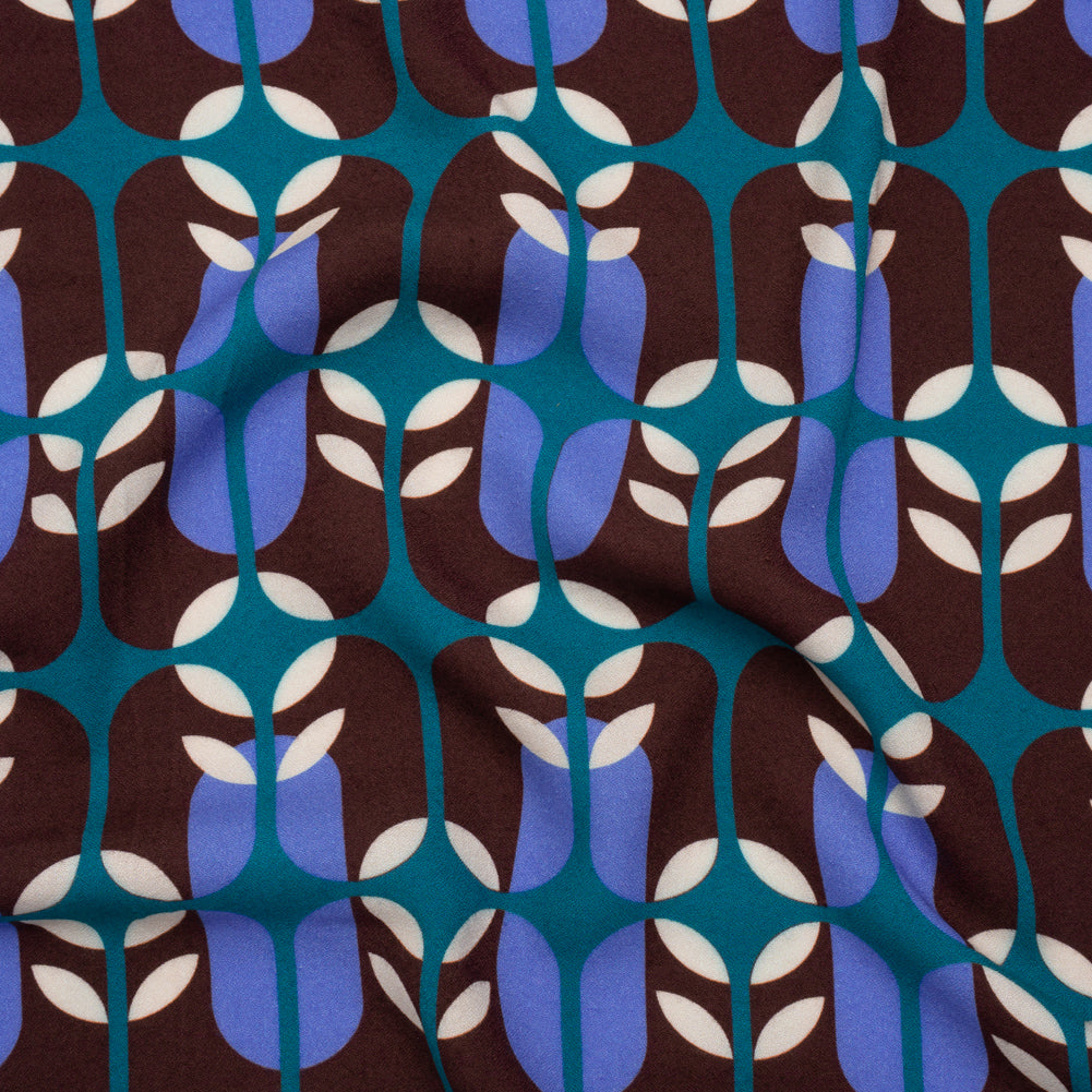 Viscose Crepe - Chocolate Brown, Blue and Teal Retro Geometric - Mood Exclusive Mod Logic Print - Joann Fabrics