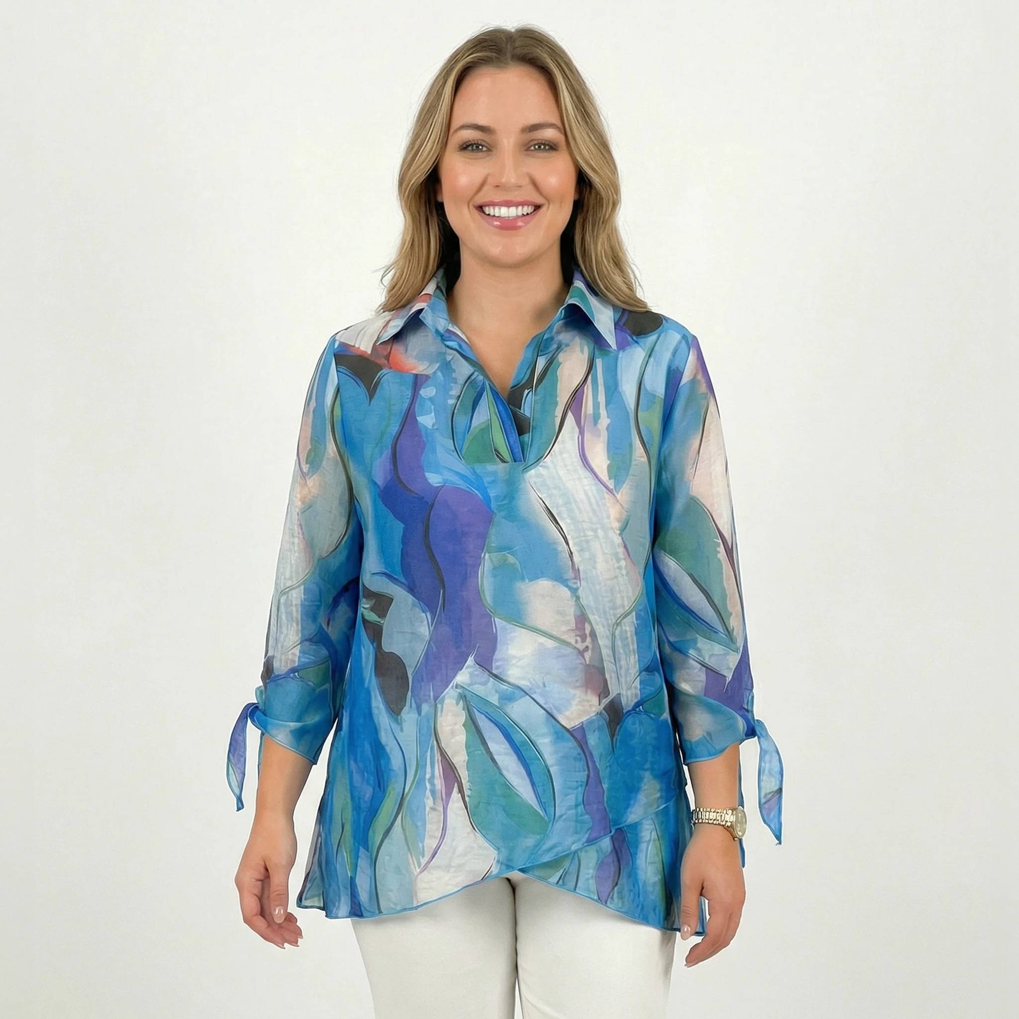 Watercolor Asymmetric-Hem Top, Collar V-neck, 3/4 Sleeves - Northstyle Catalog