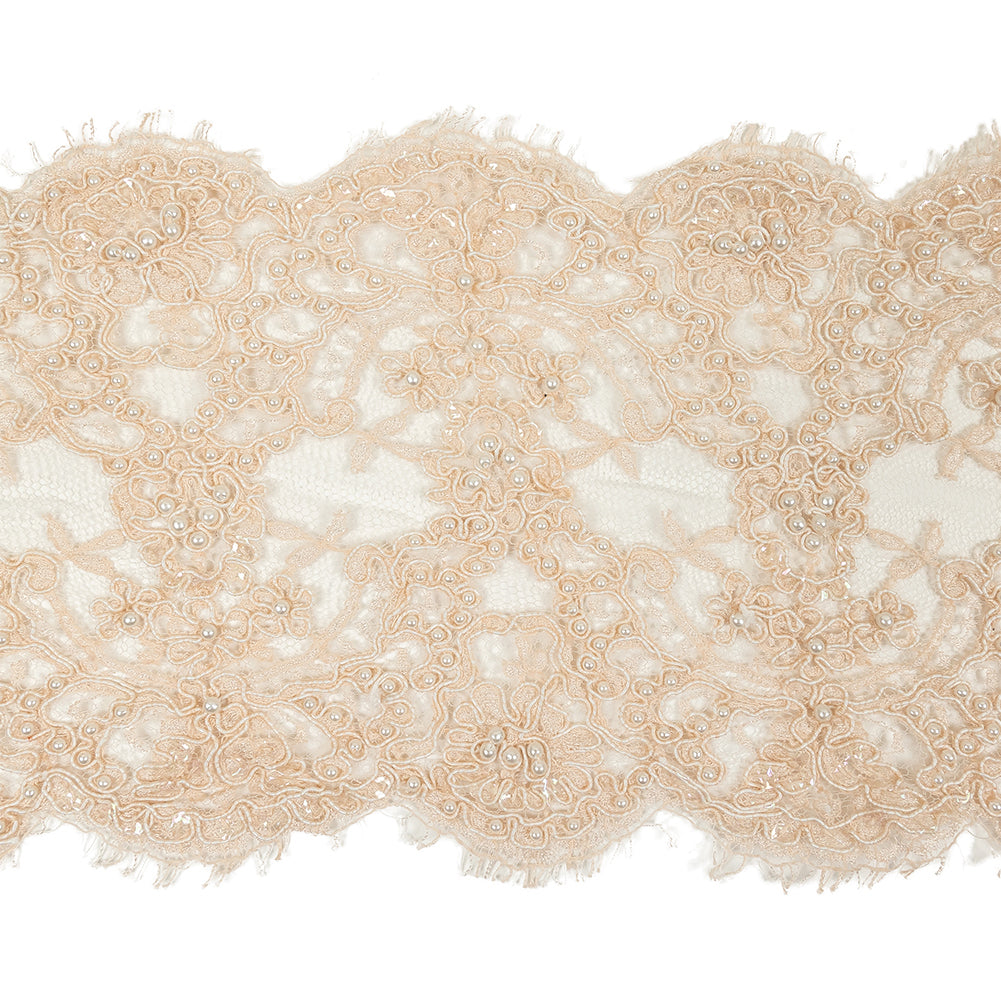 Pale Peach Beaded and Sequined Floral Corded Lace Trim with Eyelash Fringe - 8