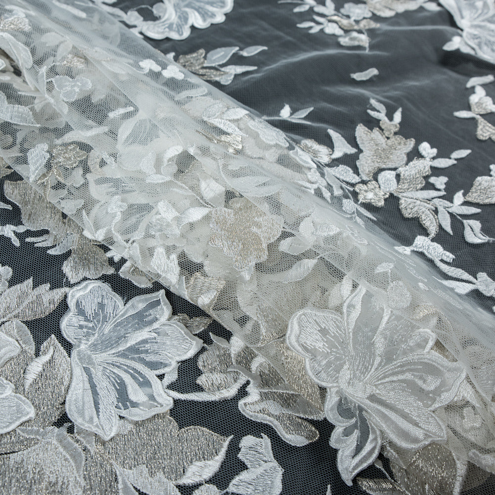 3D Embroidered Lace - White and Pale Gold Floral on White Netting - Joann Fabrics