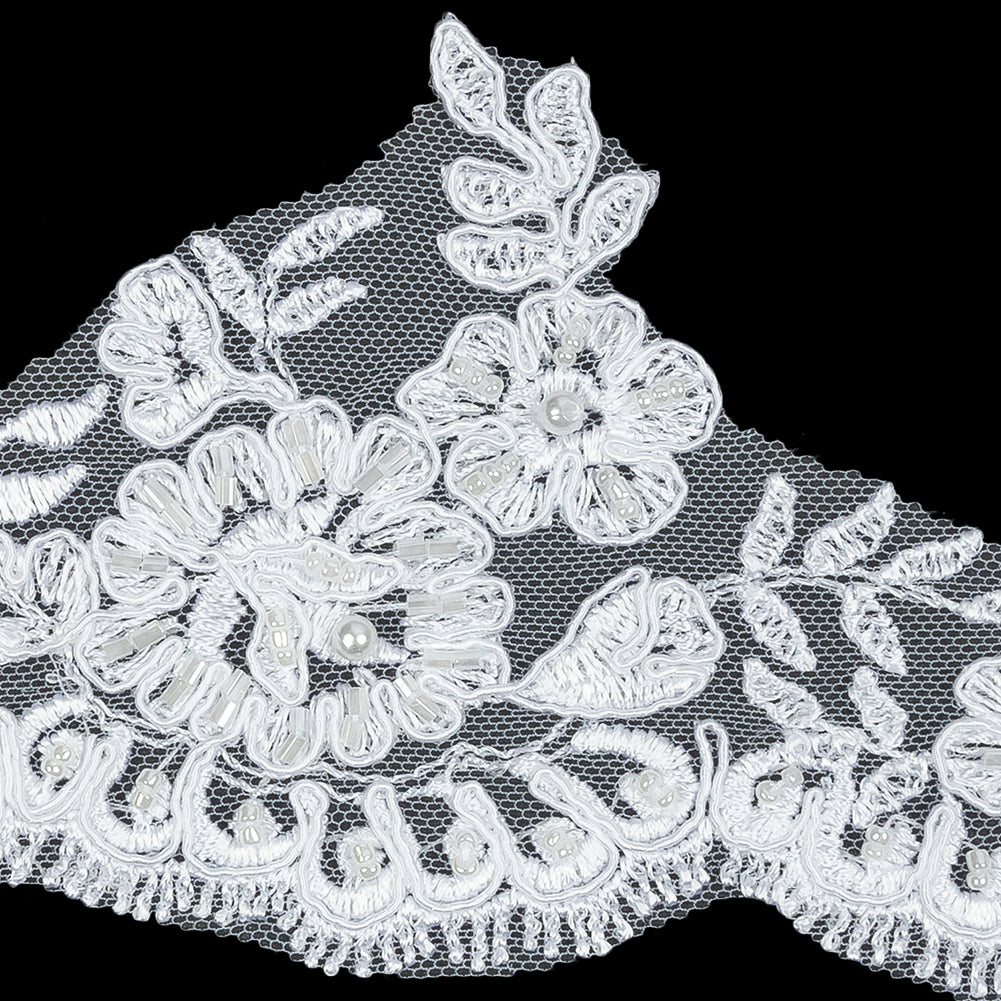 White Scalloped Floral Beaded and Corded Bridal Lace Trim - 3.5