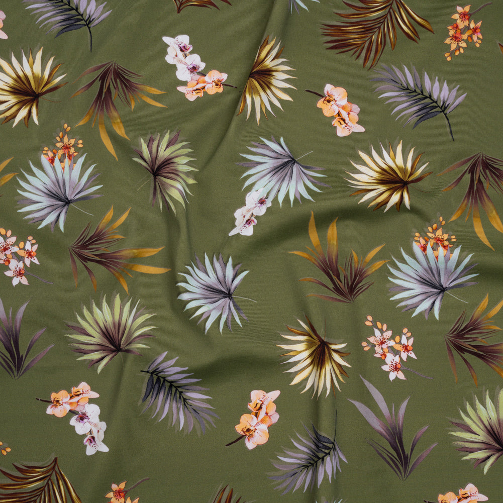 Stretch Nylon Jersey - Olive Green, Yellow and Orange Palm Leaves and Orchids - Designer Deadstock - Joann Fabrics
