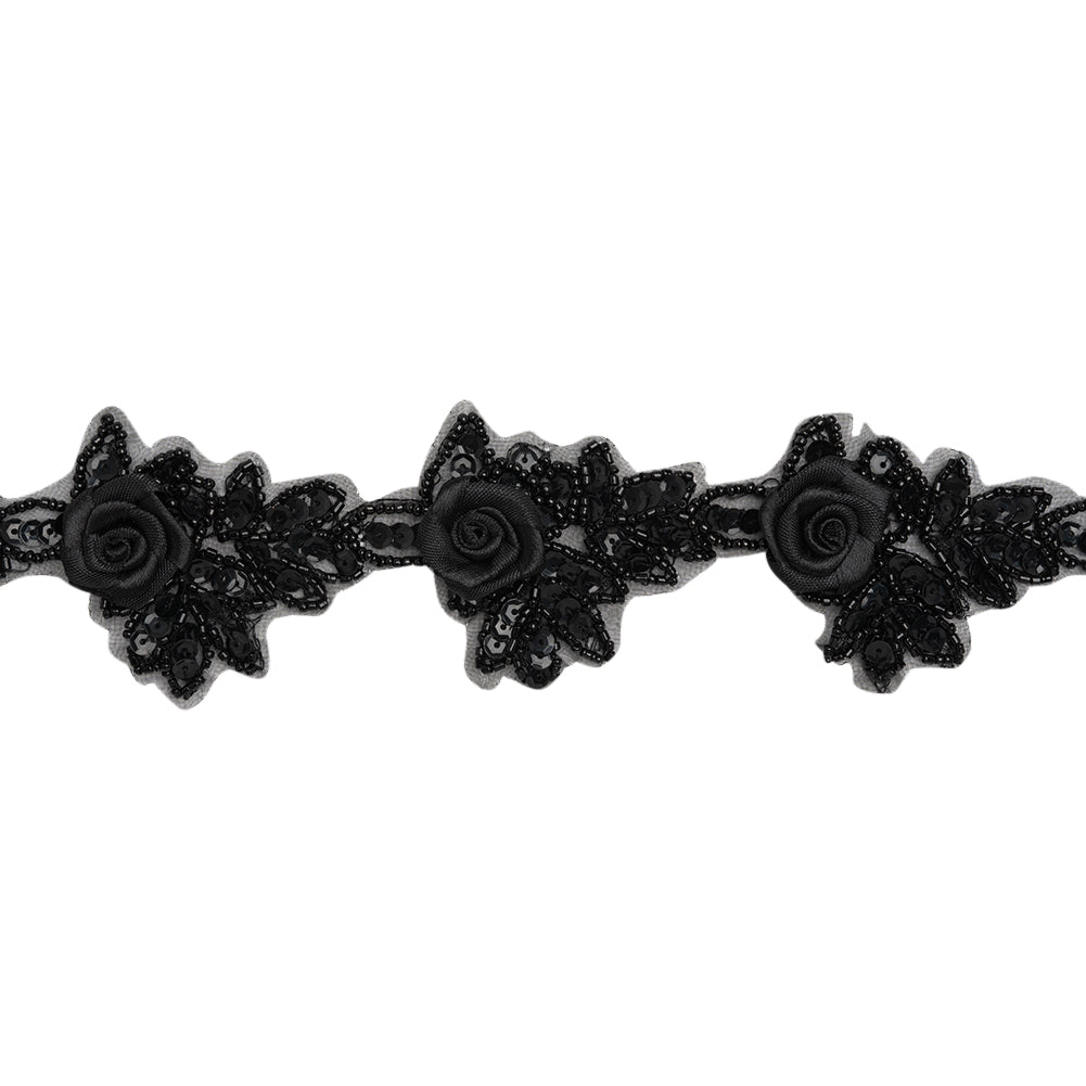 Yaya Han Beaded and Sequins Trim with 3D Roses - Black Floral, 2.5