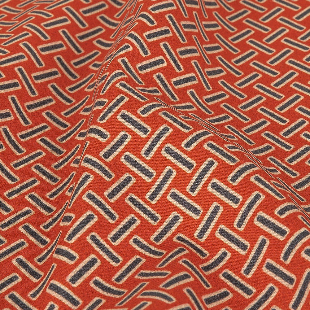 Stretch Cotton and Viscose Sateen Print - Burnt Orange and Blue Geometric Lattice - Mood Exclusive Cylindrically Angled - Joann Fabrics