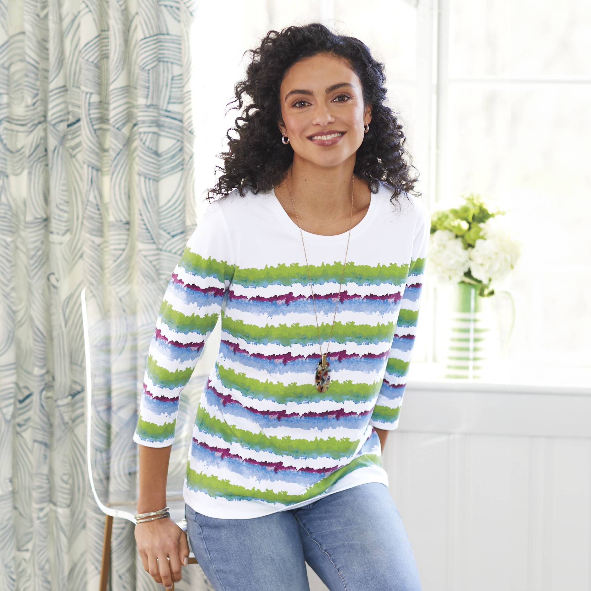 Watercolor Stripe Top, 3/4 Sleeves - Northstyle Catalog