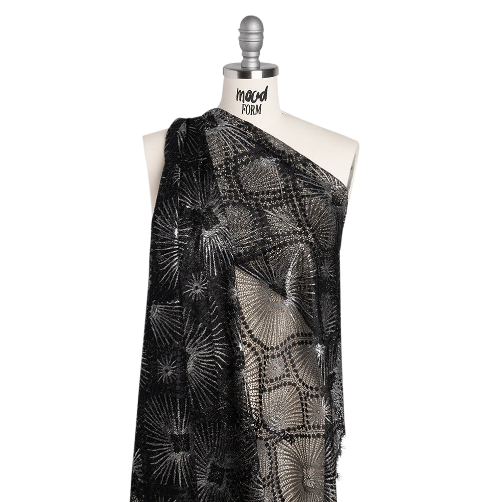 Metallic Raschel Lace Panel with Finished Edges - Black and Silver Sun Ray Ogees - Joann Fabrics