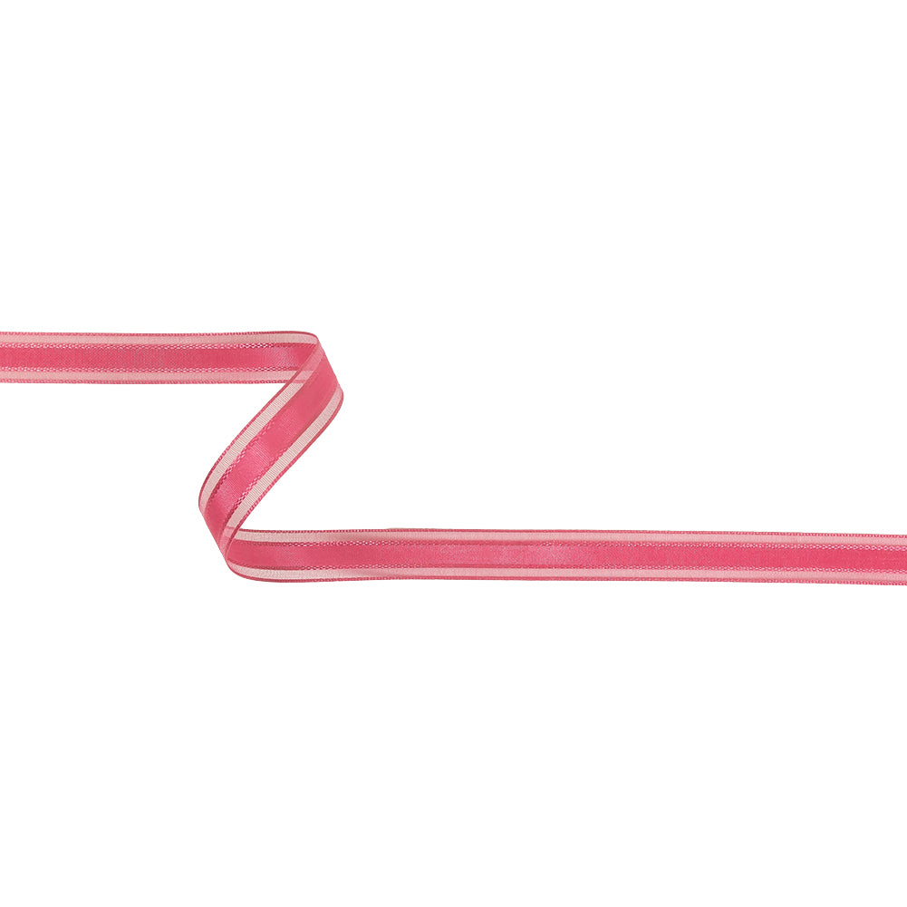 Pink Carnation Woven Ribbon with Sheer Organza Borders - 0.5