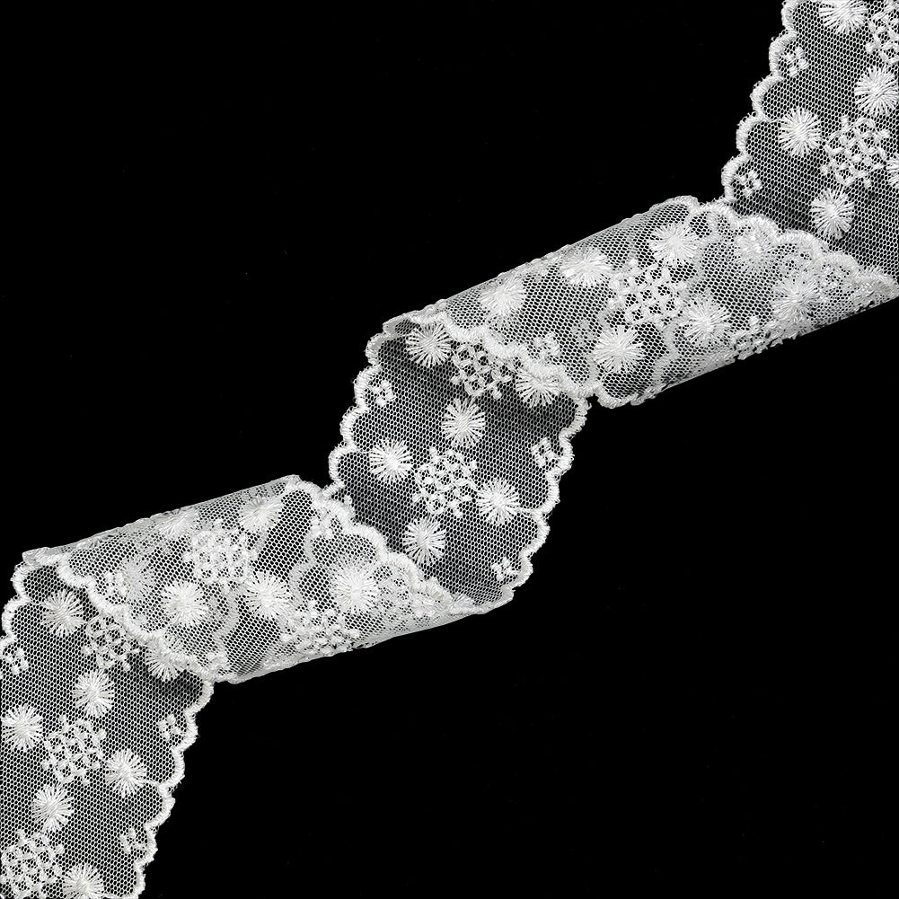 White Floral and Geometric Embroidered Lace Trim with Scalloped Edges - 2.125