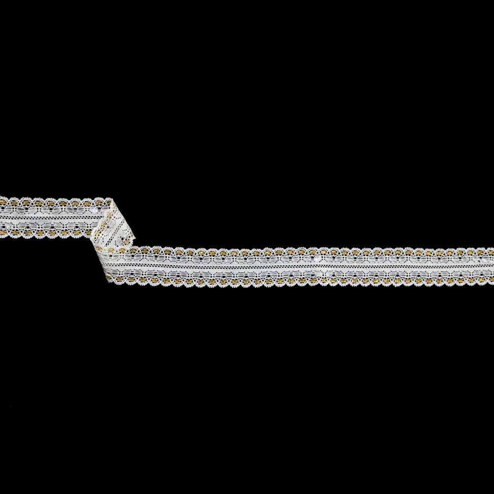 European White and Metallic Gold Stretch Lace Trim with Double Scalloped Edges - 1.125