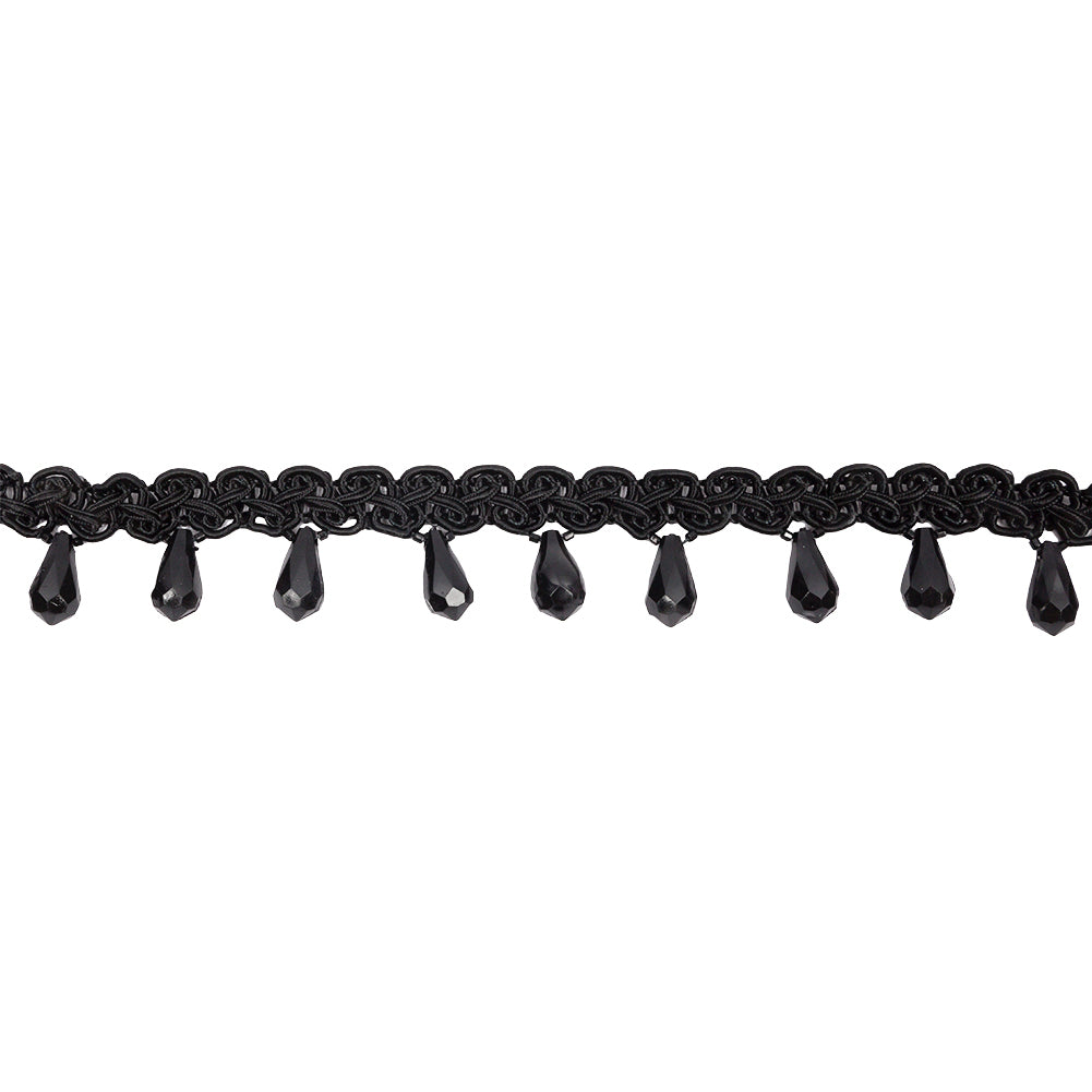 Vintage Black Faceted Teardrop Bead Fringe on Black Gimp Braided Trim - 1.125