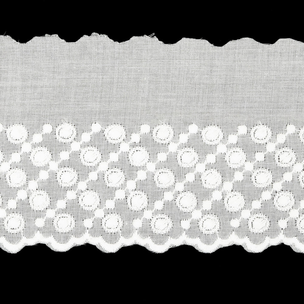 White Five-Row Dots Cotton Embroidered Lace Trim with Finished Scalloped Edge - 2.25