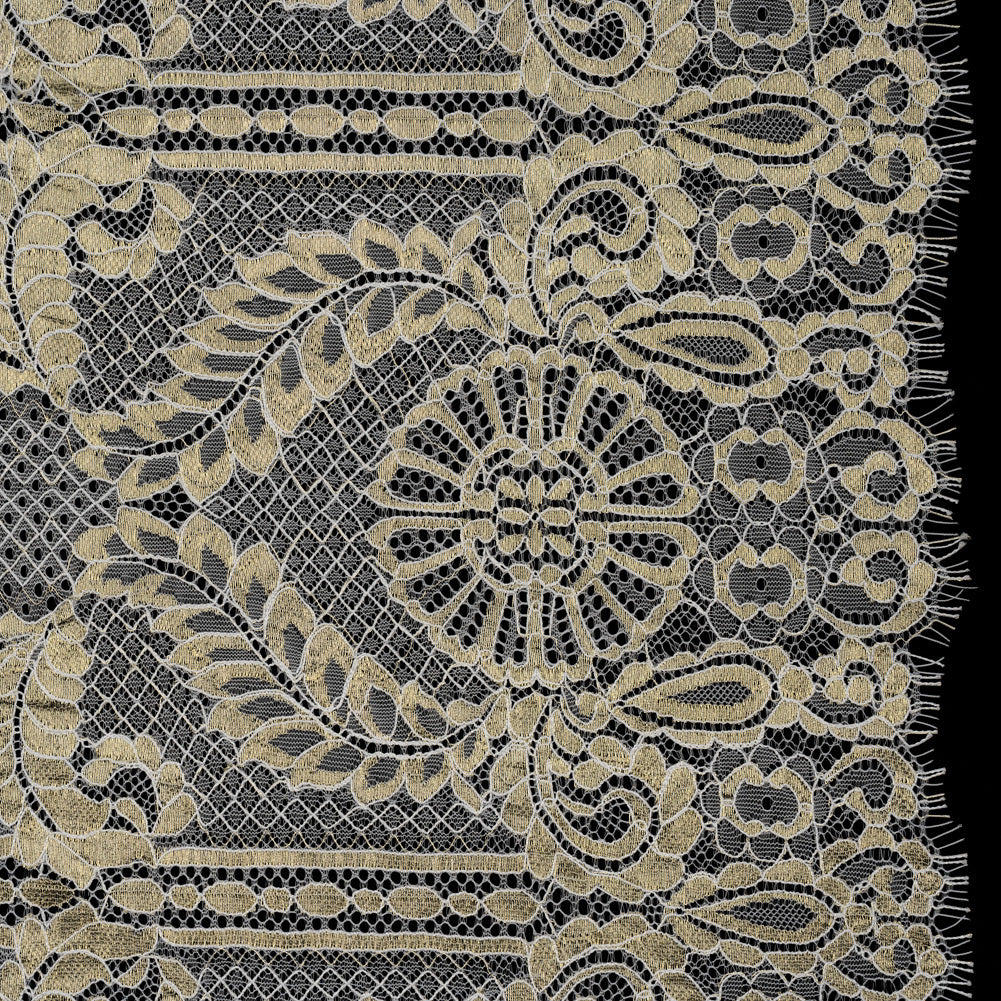 Metallic Re-Embroidered Raschel Lace - Ivory and Gold Stripes and Diamond Lattice with Floral Border - Joann Fabrics