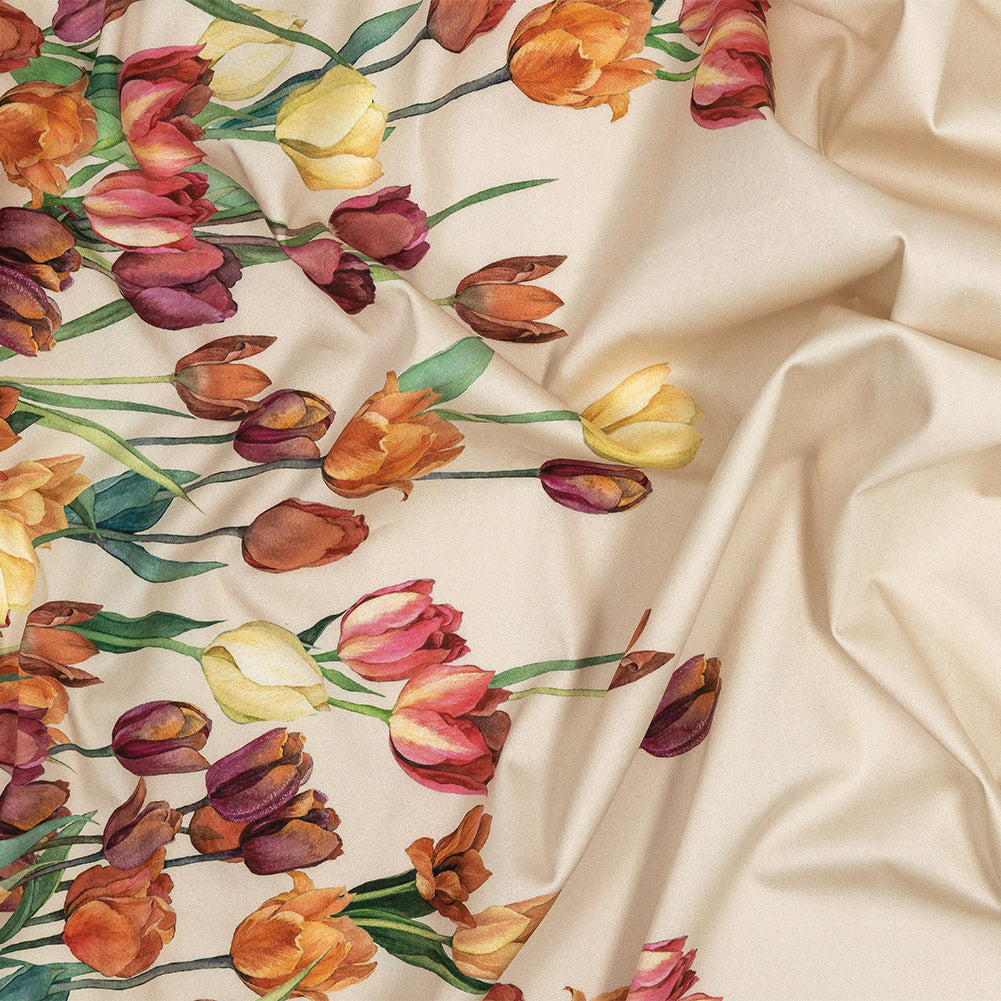 Stretch Cotton Sateen - Pink, Red and Yellow Tulips Border - Camminata Print - Mood Exclusive Viso Collection - Joann Fabrics
