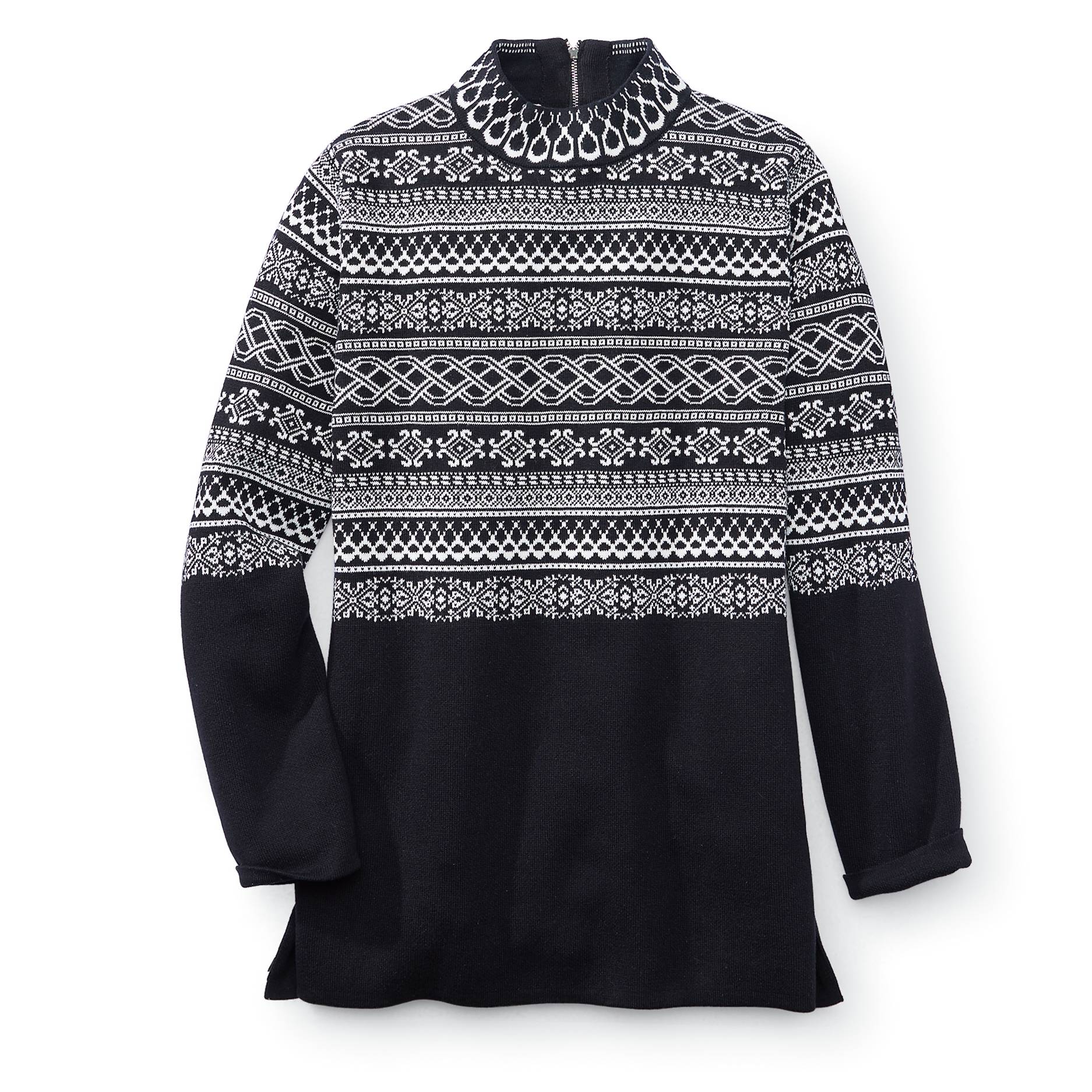 Back Zip Fair Isle Sweater, Back 1/4 Zip, Side Slits - Northstyle Catalog