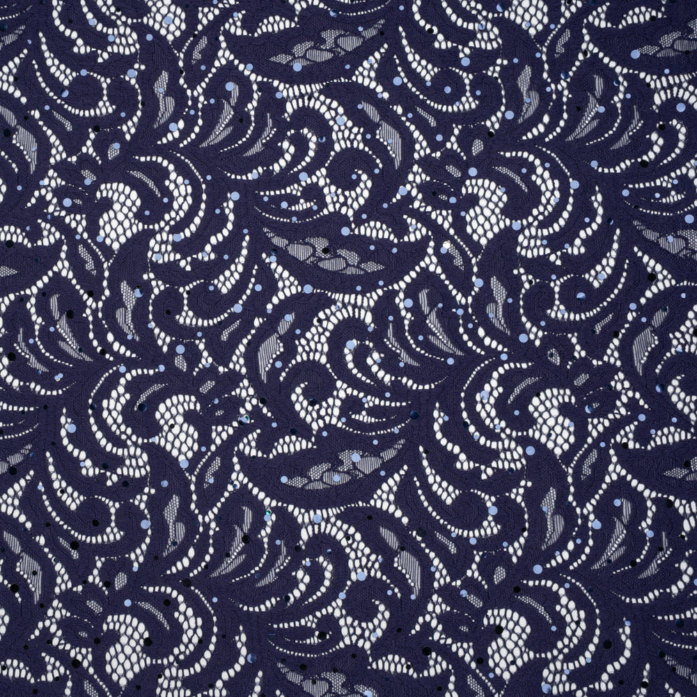 Stretch Raschel Lace with Metallic Spots - Navy Fancy Leaves and Flowers - Joann Fabrics