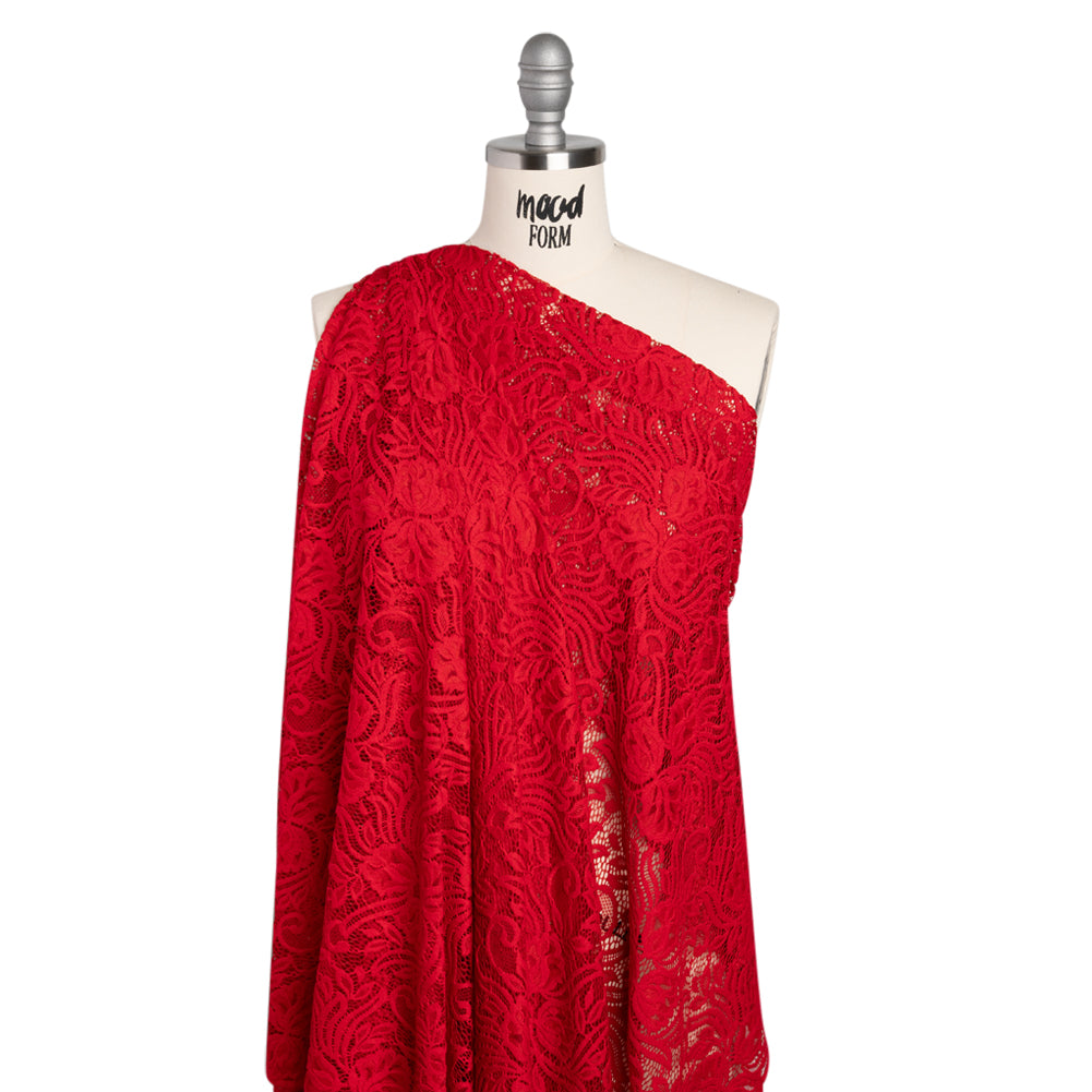 Re-Embroidered Stretch Lace with Finished Edges - Lipstick Red Blossom Trios and Leaves - Tatiana Collection - Joann Fabrics