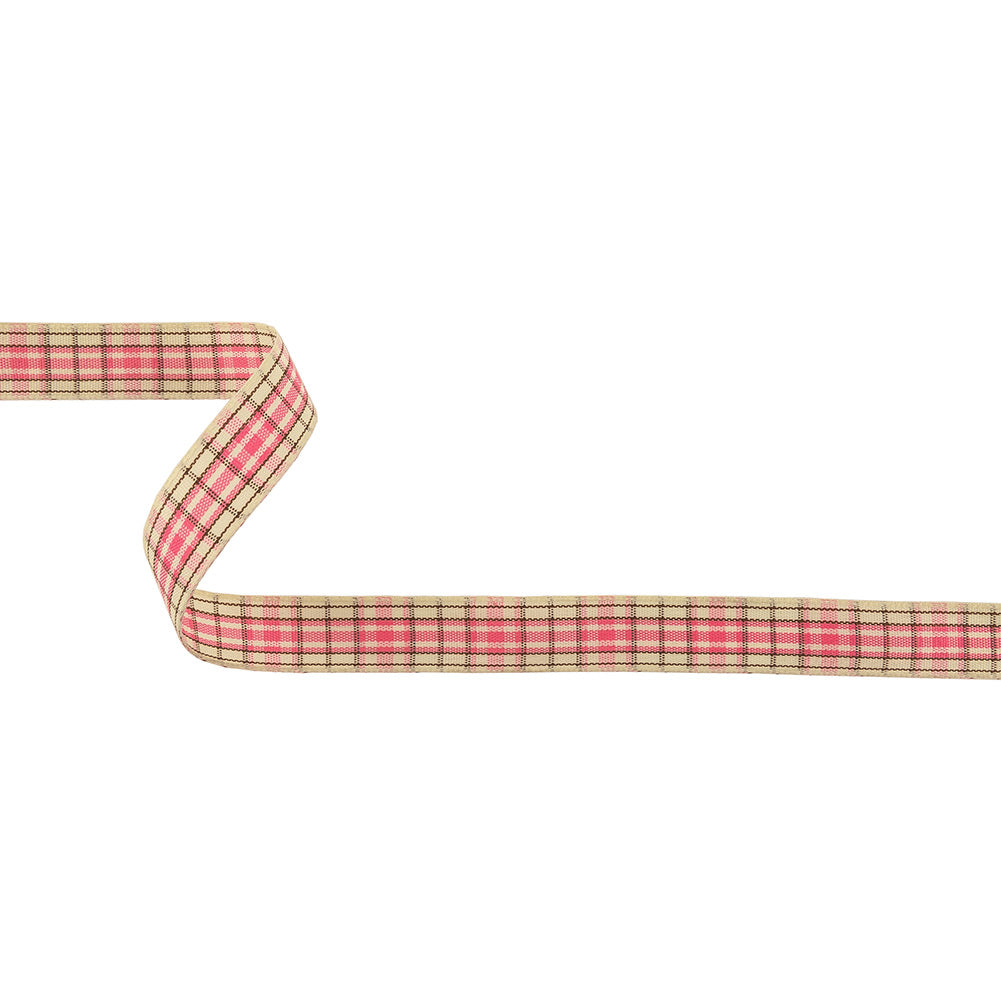 Bubblegum, Brown and Vanilla Ice Plaid Woven Ribbon - 0.625