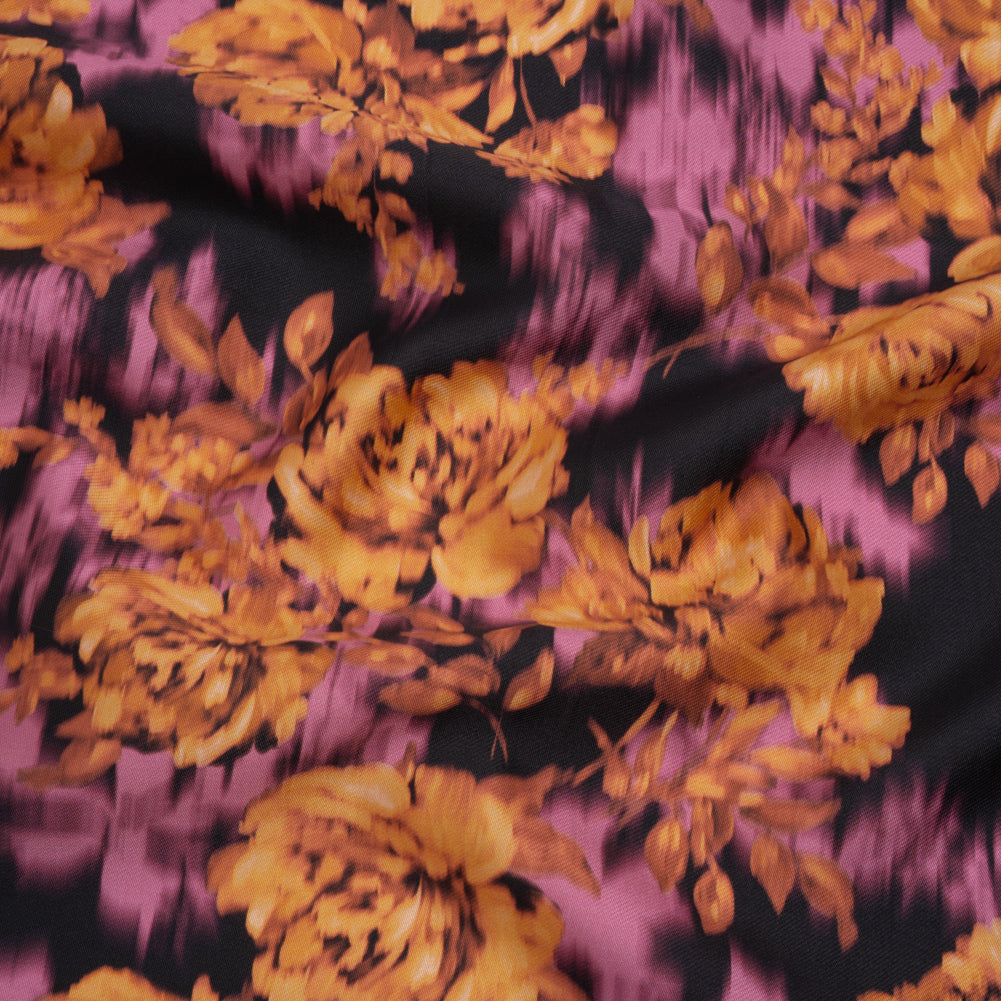 Polyester Mikado - Orange, Pink and Black Ikat Roses - Mood Exclusive Echoed Illusions Print - Joann Fabrics