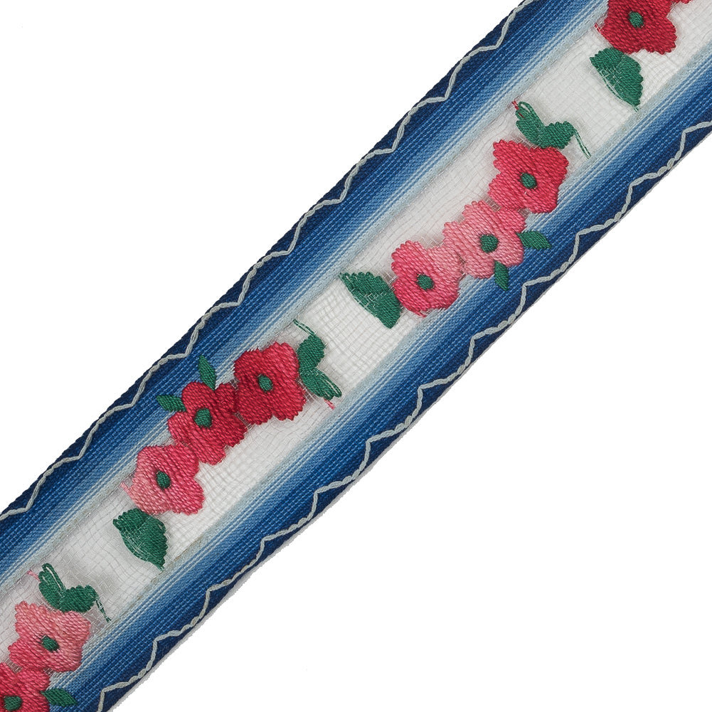 Pink Flowers Embroidered on Blue Lined Tulle Trimming - 1.5