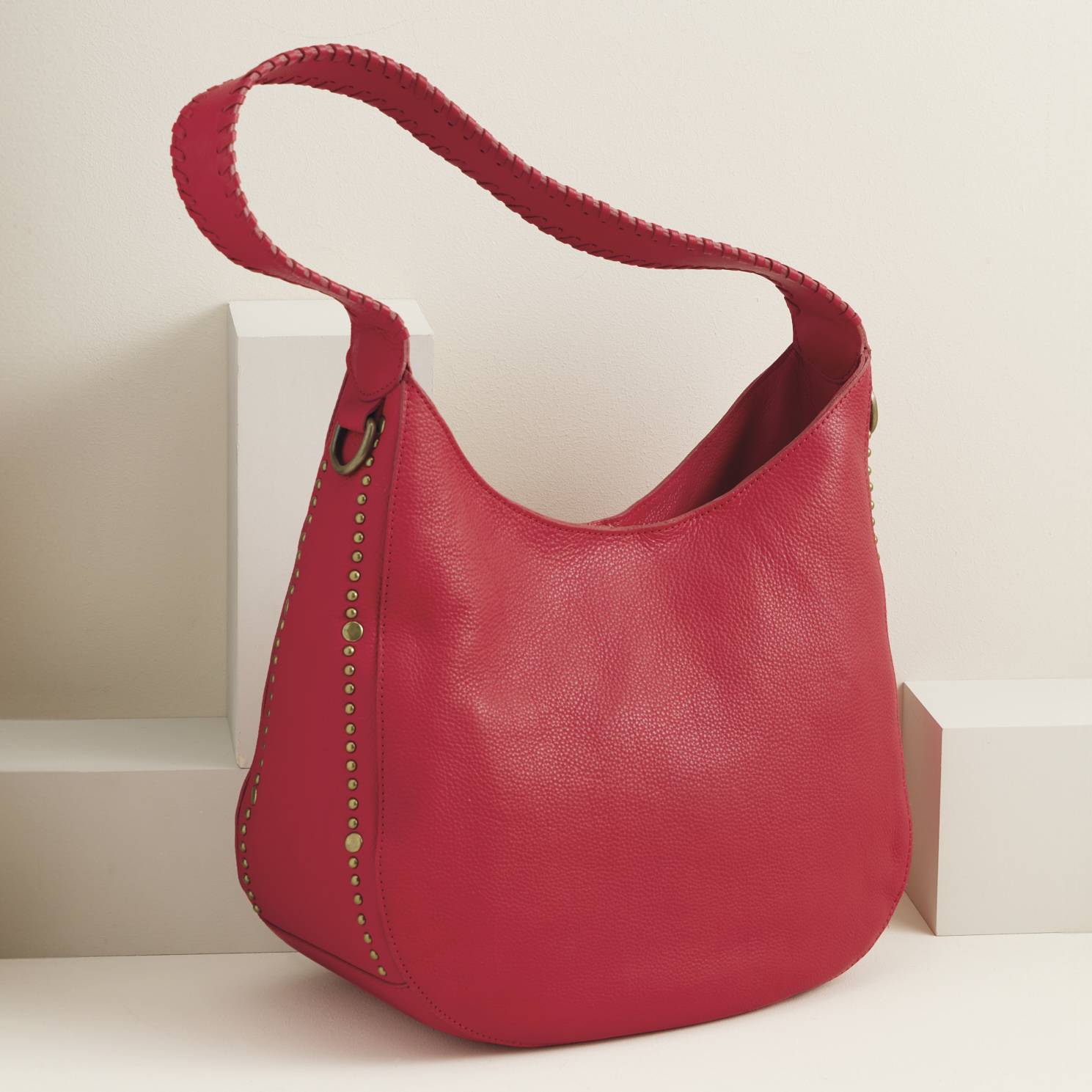 Studded Red Leather Shoulder Bag, Back Zip Pocket, Laced-Edge Strap - Northstyle Catalog