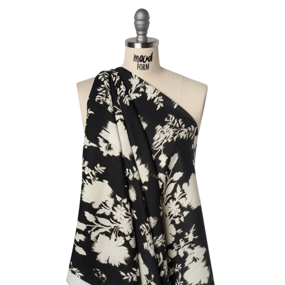 Linen and Rayon Woven - Black and Off White Ikat-Like Floral Silhouettes - Mood Exclusive Dahlia Daydreams Print - Joann Fabrics