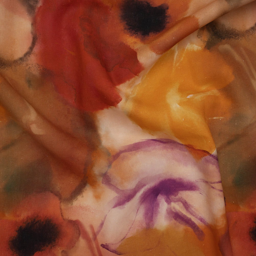 Linen and Rayon Woven - Golden Orange, Red and Purple Soft Flowers - Mood Exclusive Drifting Dreams Print - Joann Fabrics