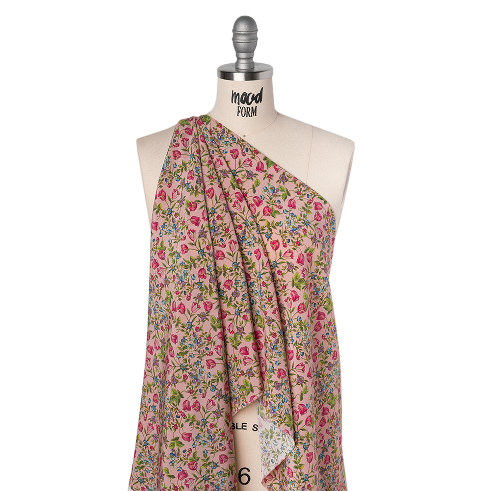 Silk Crepe de Chine Print Made in Italy - Pink, Sky Blue and Green Little Flowers - Deadstock - Joann Fabrics