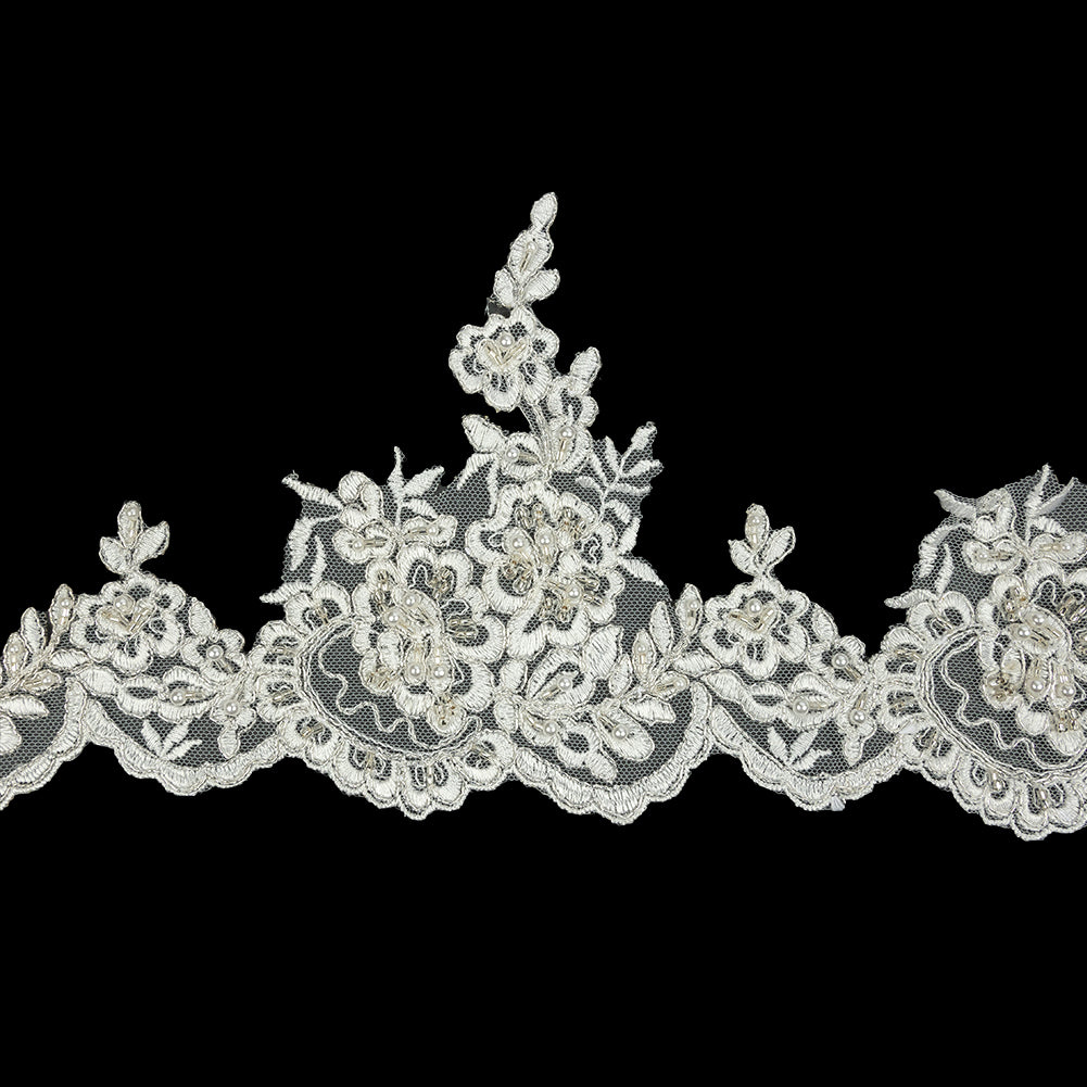 Off White and Silver Floral Scalloped Beaded and Corded Bridal Lace Trim - 5.5