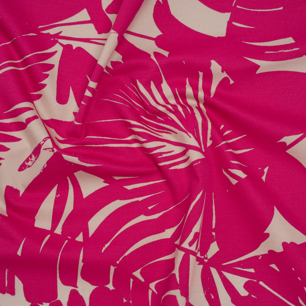 Stretch Cotton Faille Print by Trina Turk - Hot Pink and Light Gray Palm Leaves - Designer Deadstock - Joann Fabrics