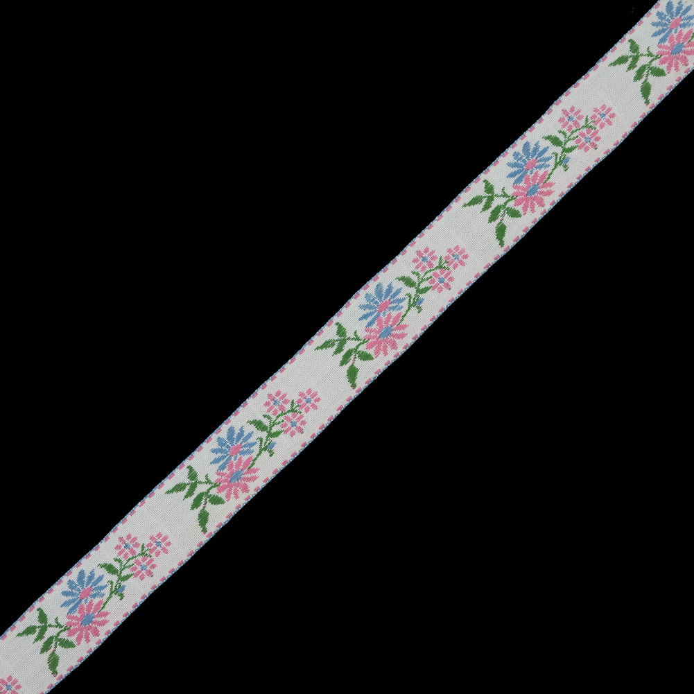 Pink and Blue Floral German Jacquard Ribbon - 0.875