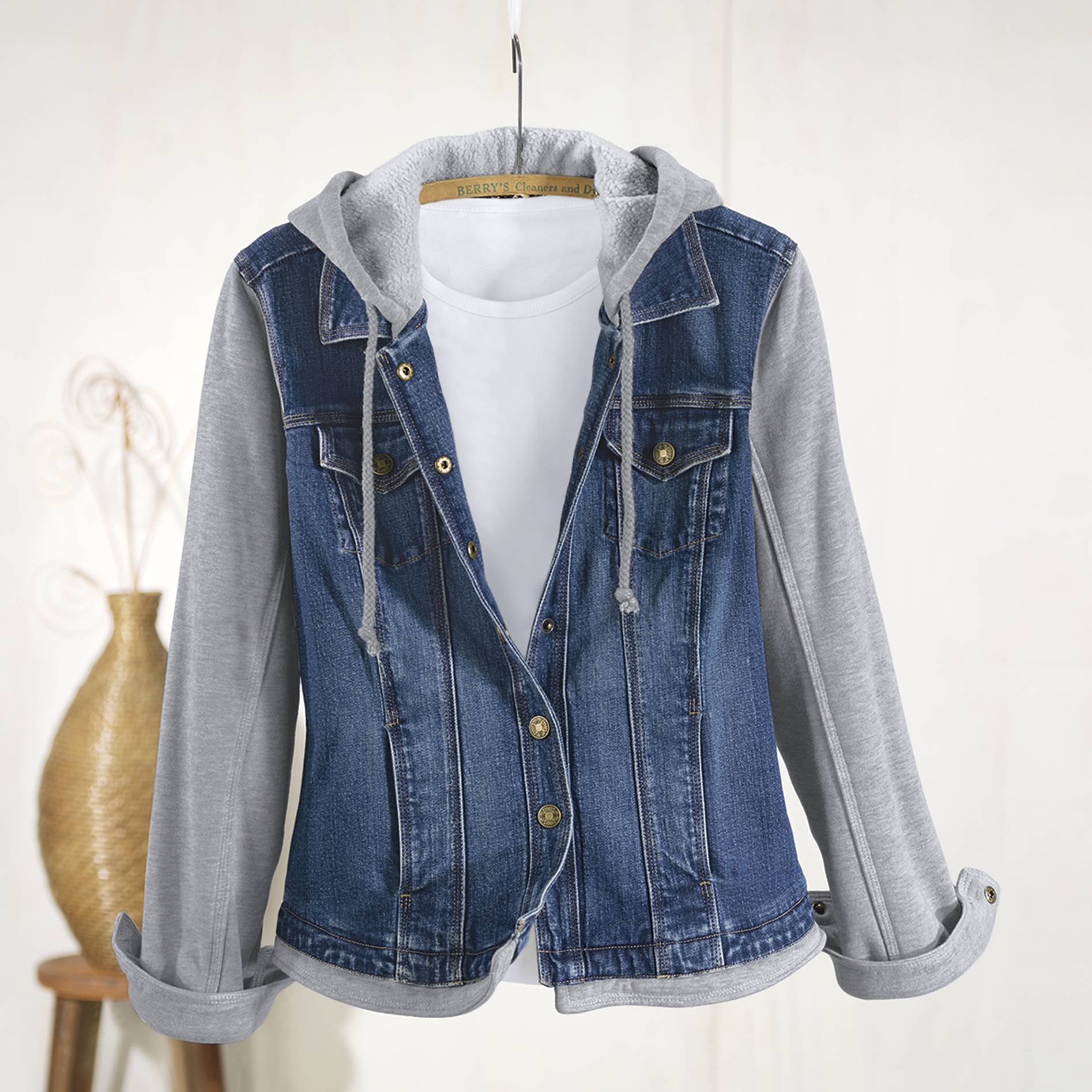 Layered-Look Hooded Fleece & Denim Jacket, Snap Front, On-Seam Pockets - Northstyle Catalog