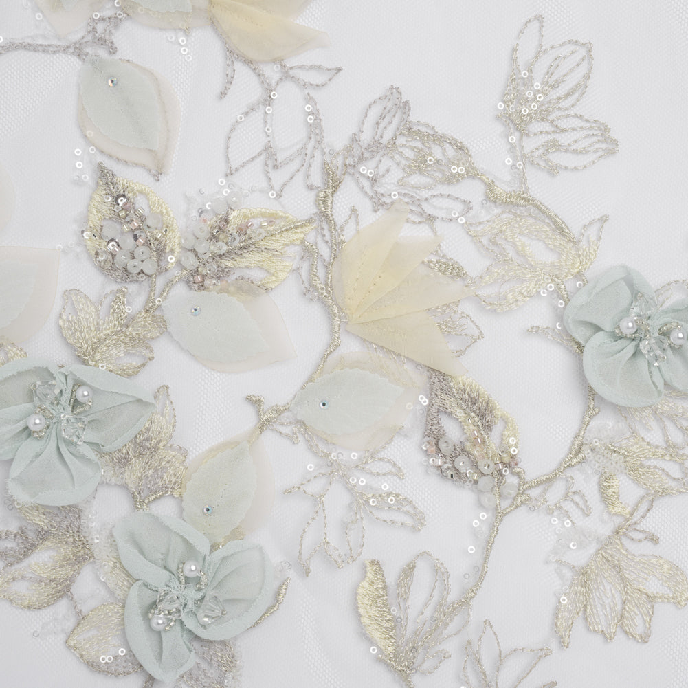 Embroidered and Beaded Tulle with 3D Fabric Flowers - Light Gray, Seafoam and Cream Leafy Arrangements - Joann Fabrics