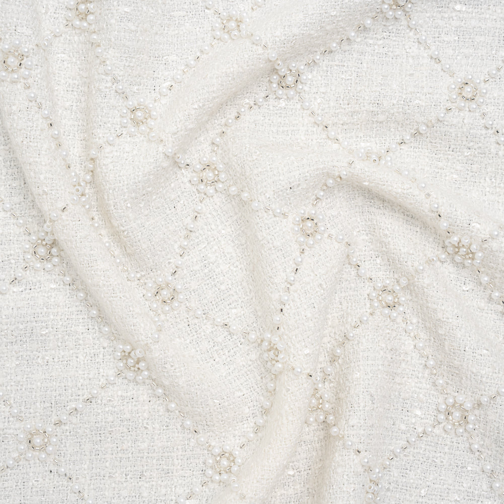 Embellished Polyester Tweed - White Tweed with Pearl and Silver Beaded Diamond Flower Lattice - Joann Fabrics