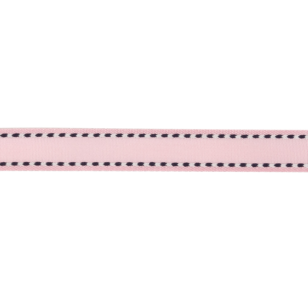 Baby Pink Woven Ribbon with Navy and White Stitched Border - 0.375