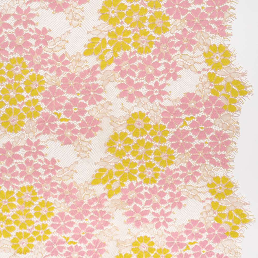 Raschel Lace Panel with Organic Finished Edges - Prism Pink, Safety Yellow and Soft Pink Daisy Bunches - Joann Fabrics