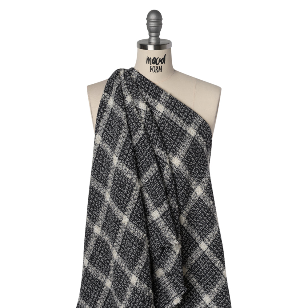 Metallic Wool Blend Tweedy Boucle Made in Italy - Black, Gray and Ivory Windowpane Checks - Deadstock - Joann Fabrics