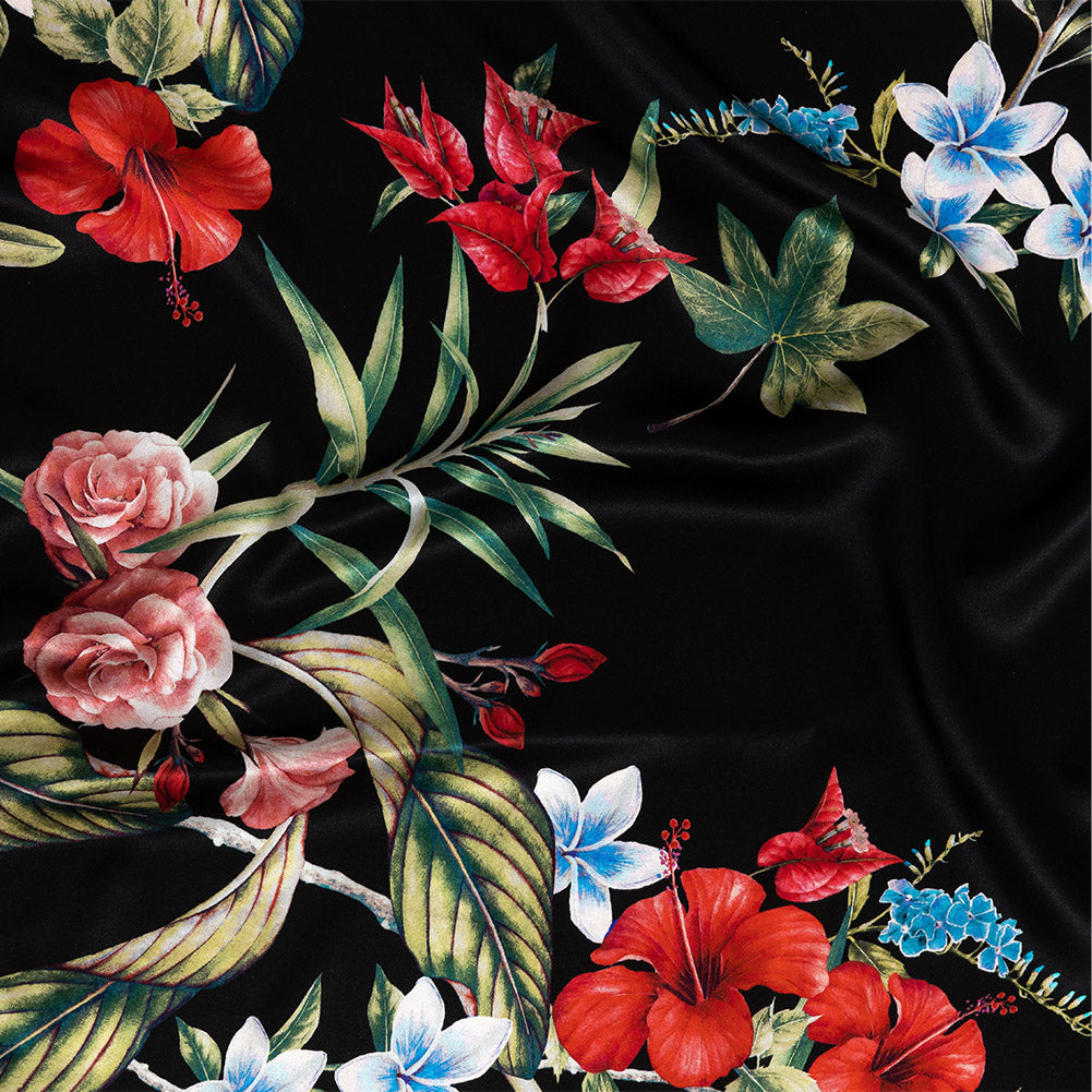 Mood Exclusive Italian Black, Red and Blue Floral Border Digitally Printed Silk Charmeuse - Joann Fabrics