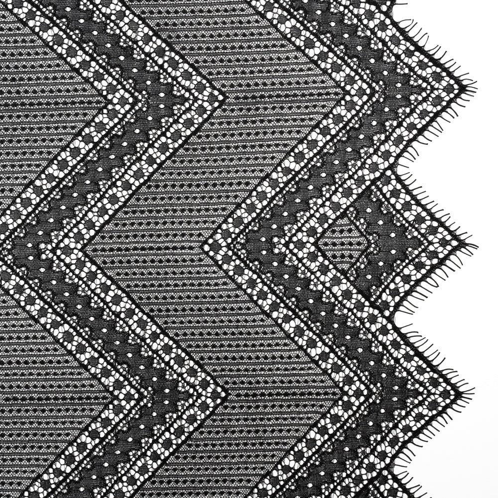 Recycled Nylon Raschel Lace Panel With Finished Edges - Black Geometric Chevrons - Joann Fabrics