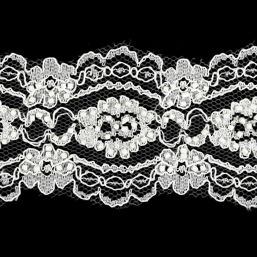 Vintage White Beaded Floral Lace Trim with Scalloped Edges - 2.25
