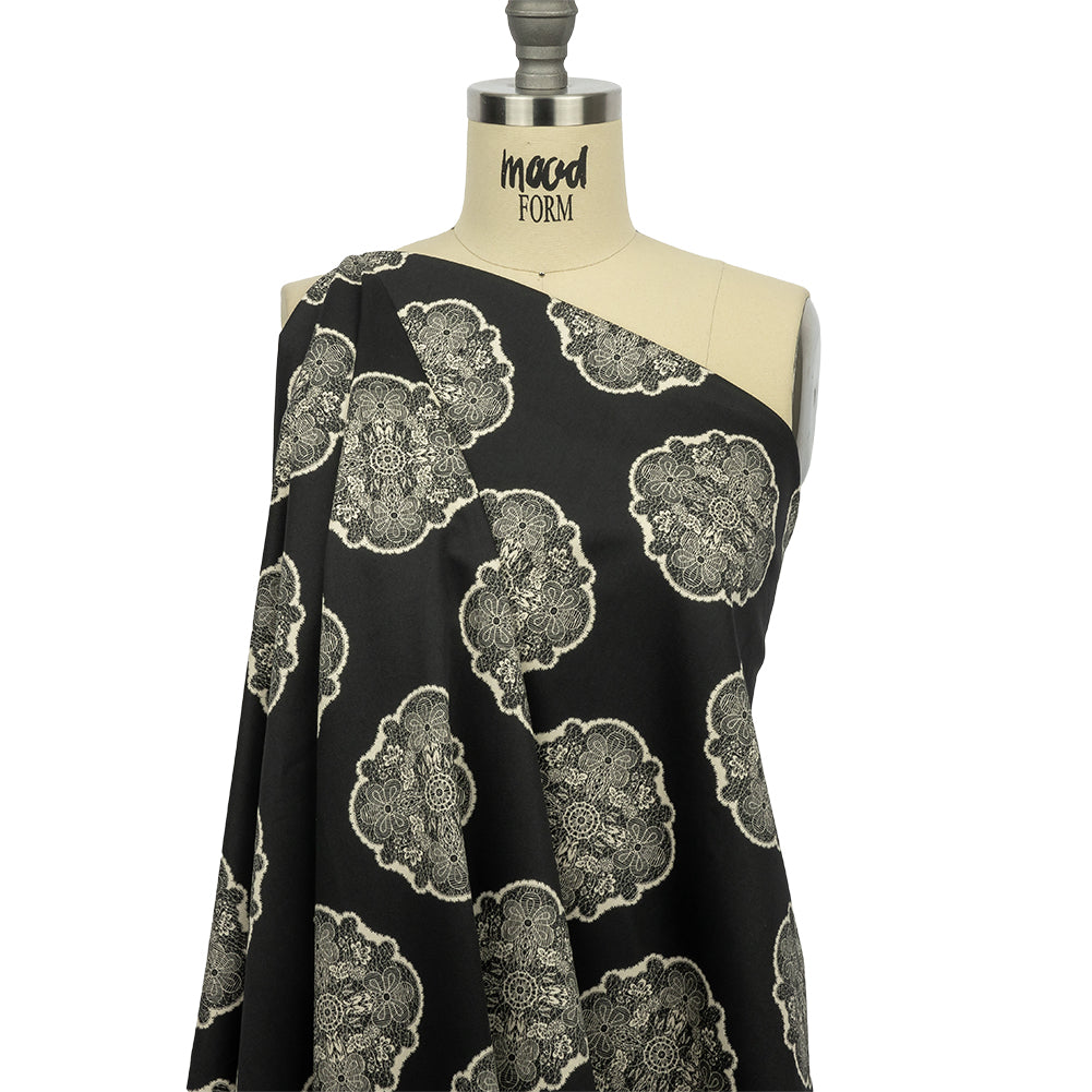 Stretch Cotton Sateen - Black Lacy Medallions - Cathedral Windows Print - Mood Exclusive Metro Collection - Joann Fabrics