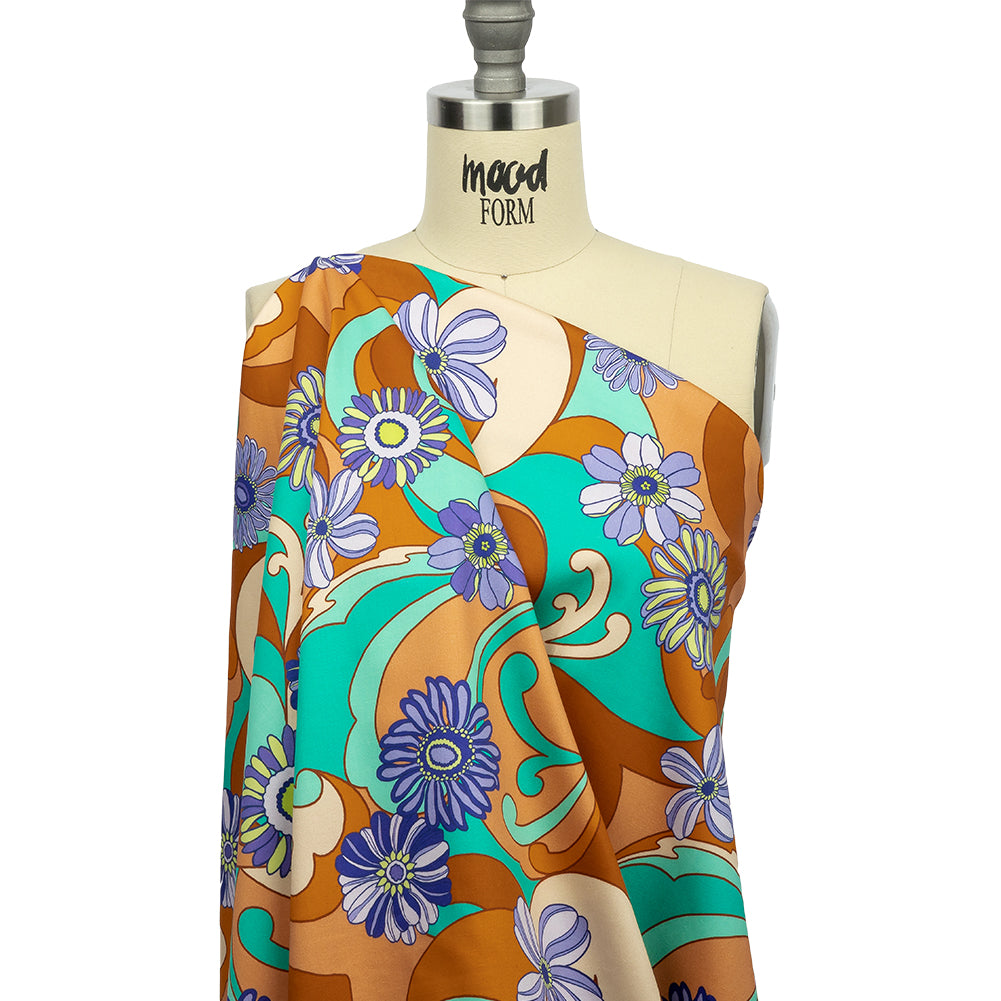 Stretch Cotton Sateen - Burnt Orange Swirls and Florals - Float Away Print - Mood Exclusive Groove Collection - Joann Fabrics