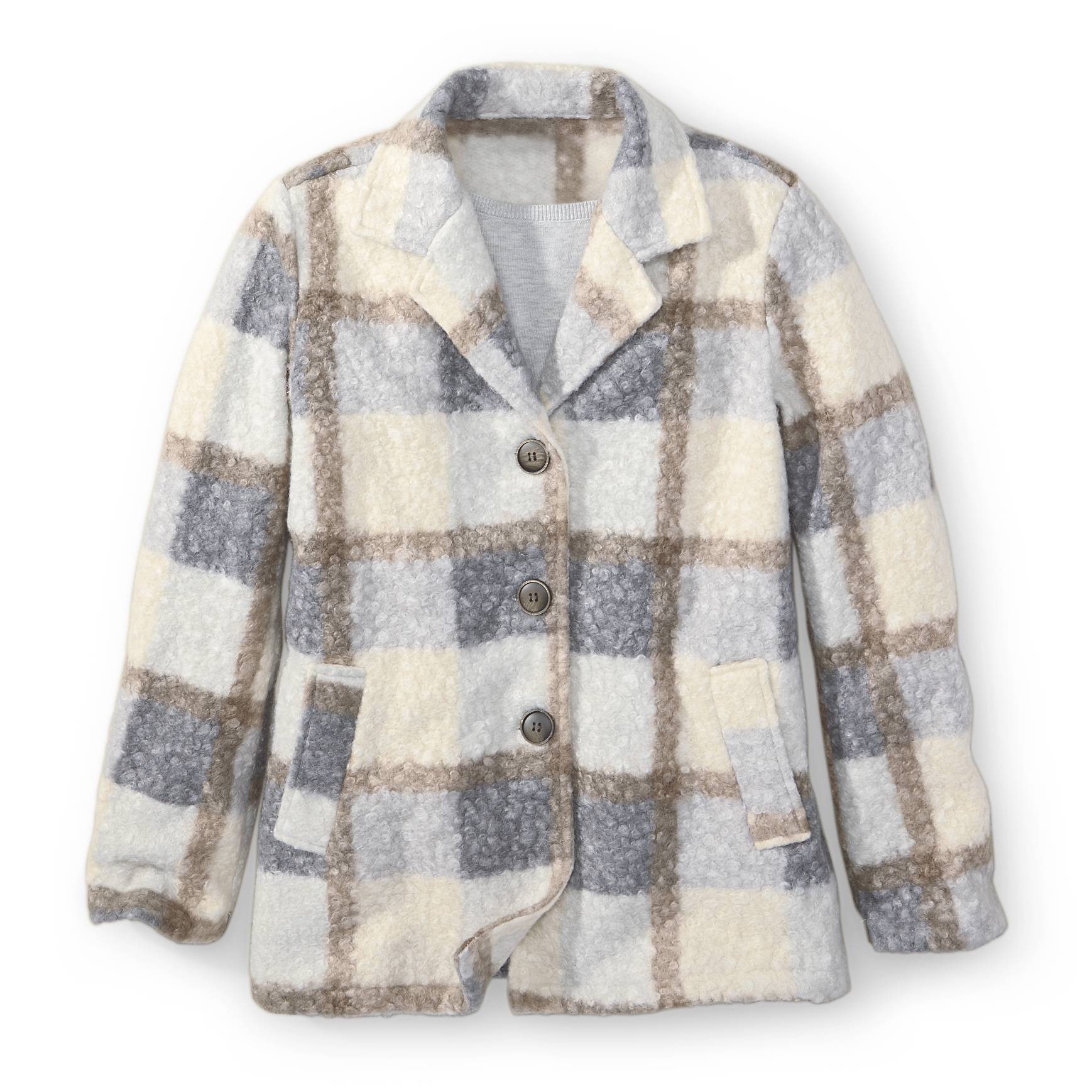 Plaid Button-Front Jacket, Faux Fur, Front Pockets - Northstyle Catalog