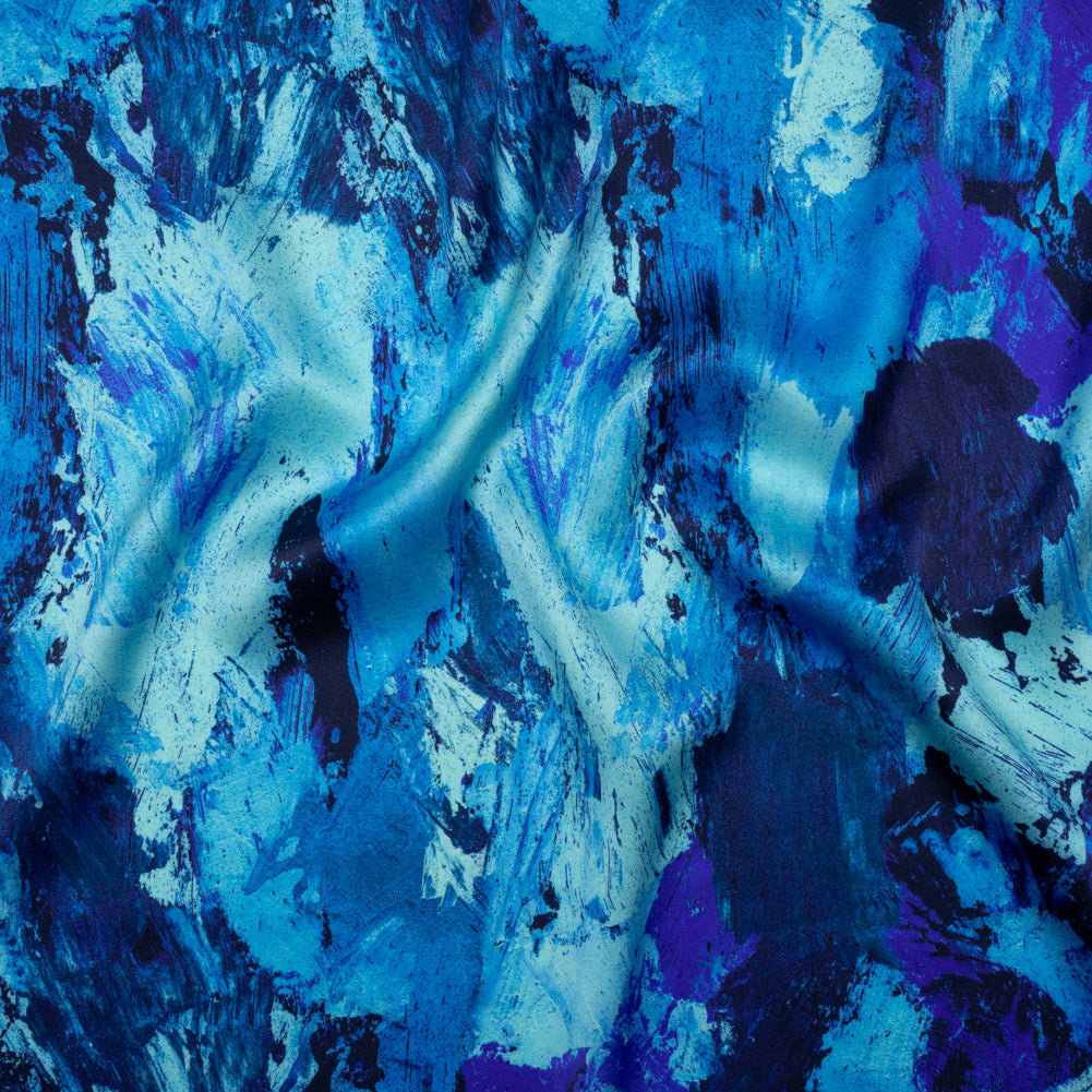 Silk Charmeuse Print 16MM, Made in Italy - Cobalt, Sky Blue and Teal Abstract Brushstrokes - Joann Fabrics